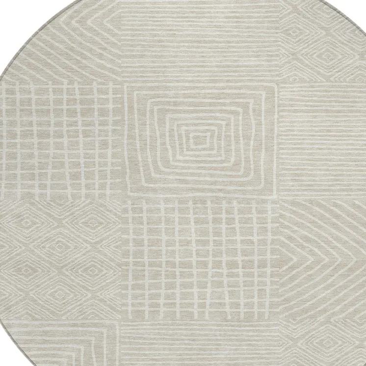 8' Beige And Ivory Round Geometric Washable Indoor Outdoor Area Rug