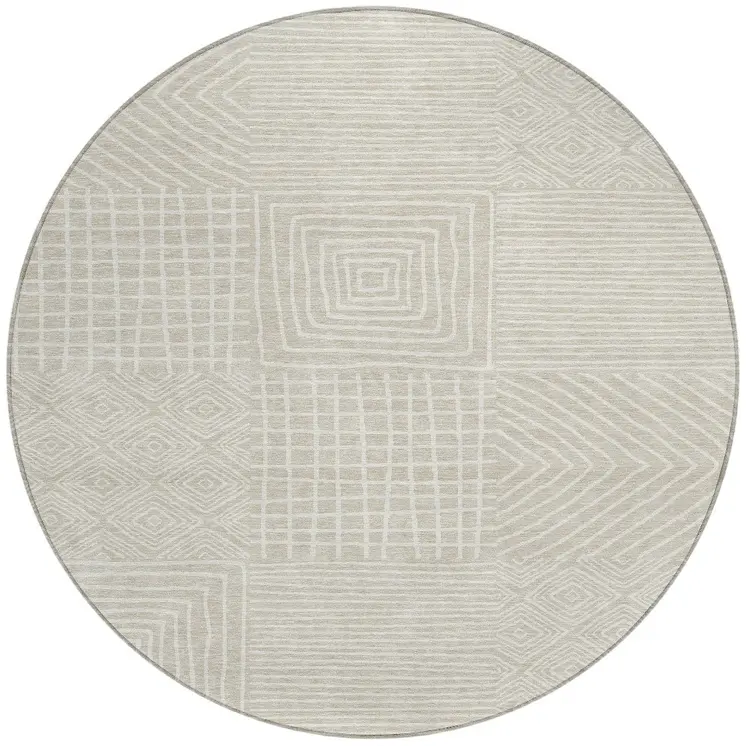 8' Beige And Ivory Round Geometric Washable Indoor Outdoor Area Rug