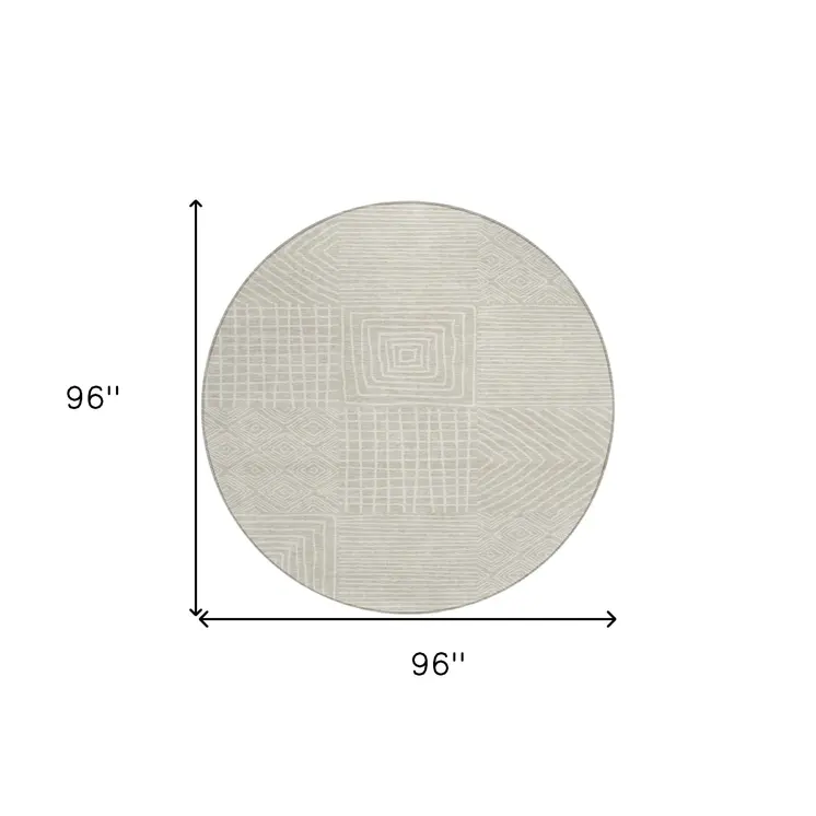 8' Beige And Ivory Round Geometric Washable Indoor Outdoor Area Rug