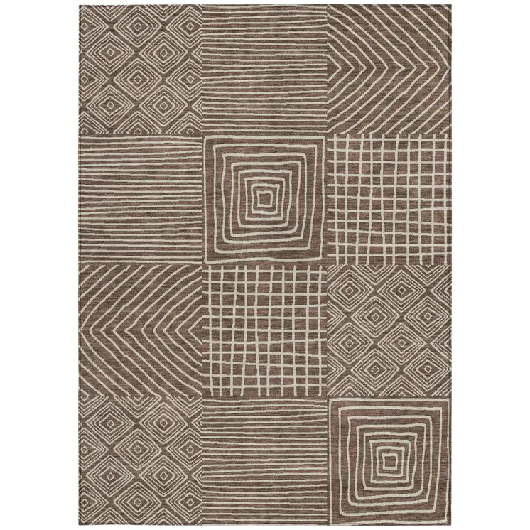 3' X 5' Brown And Ivory Geometric Washable Indoor Outdoor Area Rug