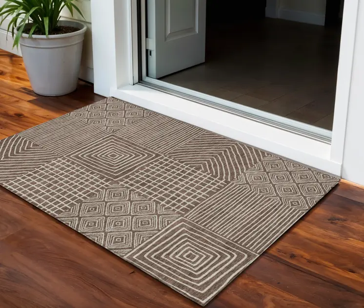 3' X 5' Brown And Ivory Geometric Washable Indoor Outdoor Area Rug