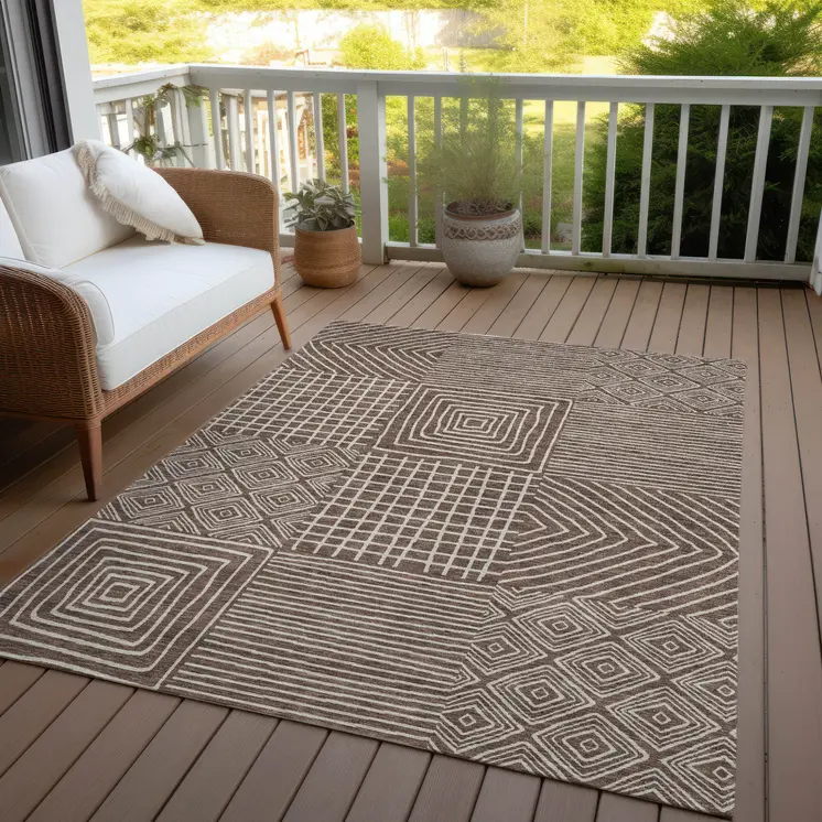3' X 5' Brown And Ivory Geometric Washable Indoor Outdoor Area Rug