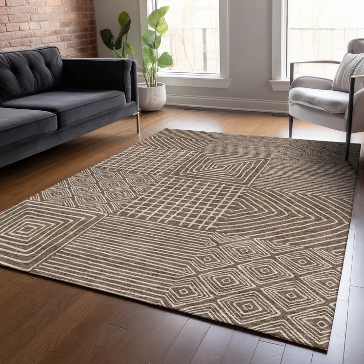 3' X 5' Brown And Ivory Geometric Washable Indoor Outdoor Area Rug
