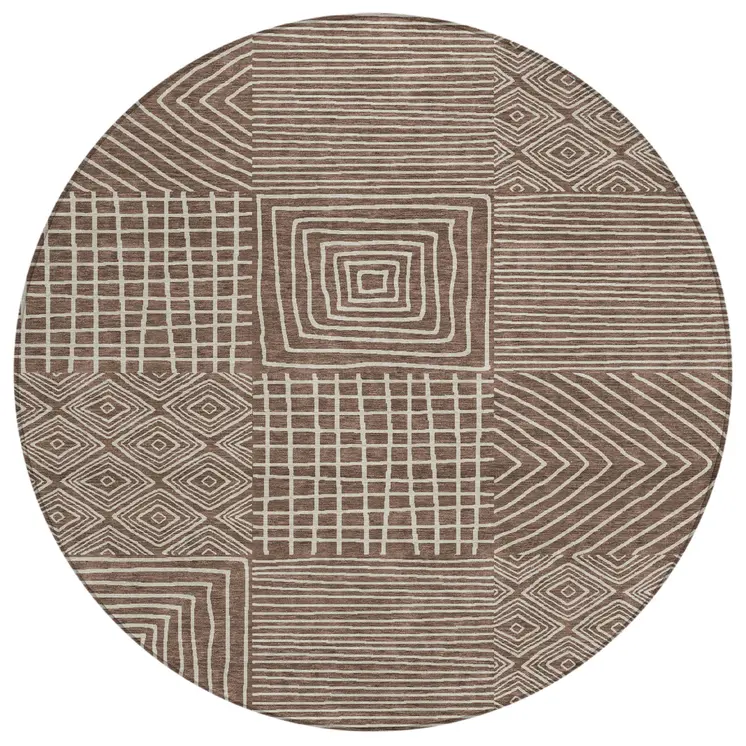 8' Brown And Ivory Round Geometric Washable Indoor Outdoor Area Rug