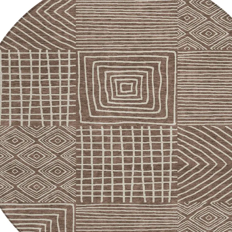 8' Brown And Ivory Round Geometric Washable Indoor Outdoor Area Rug