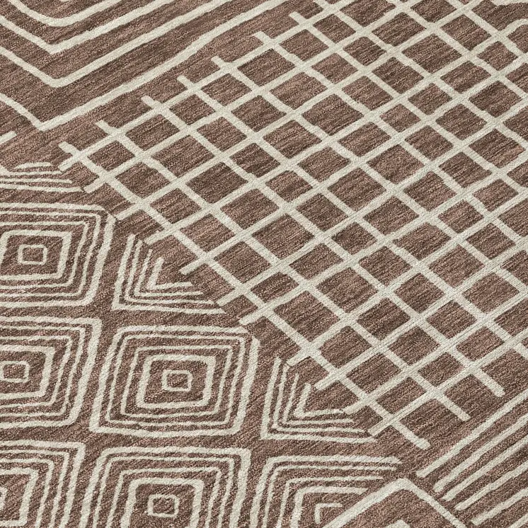 8' Brown And Ivory Round Geometric Washable Indoor Outdoor Area Rug