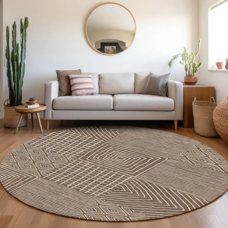 8' Brown And Ivory Round Geometric Washable Indoor Outdoor Area Rug