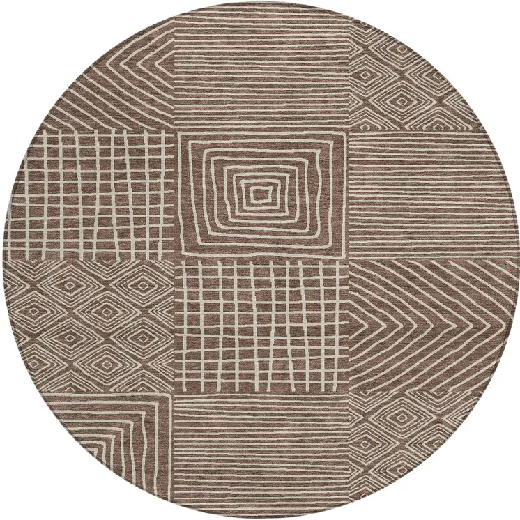 8' Brown And Ivory Round Geometric Washable Indoor Outdoor Area Rug