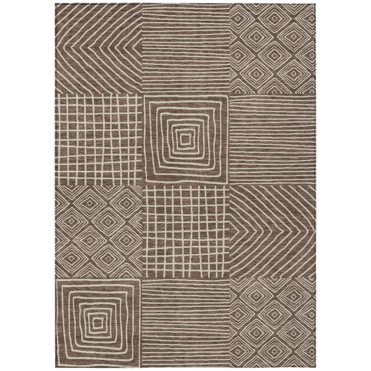 8' X 10' Brown And Ivory Geometric Washable Indoor Outdoor Area Rug