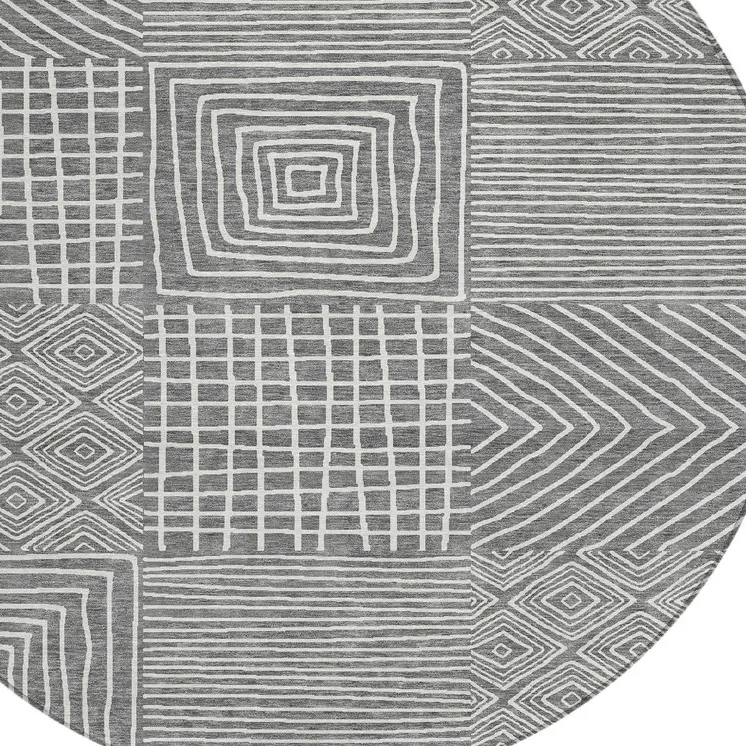 8' Charcoal And Ivory Round Geometric Washable Indoor Outdoor Area Rug
