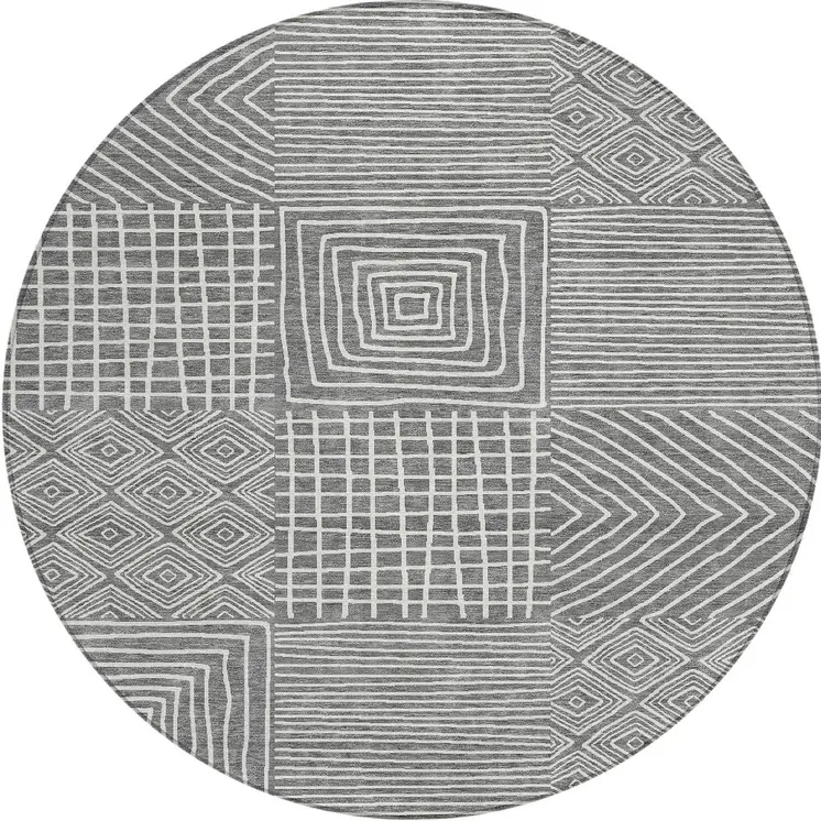 8' Charcoal And Ivory Round Geometric Washable Indoor Outdoor Area Rug