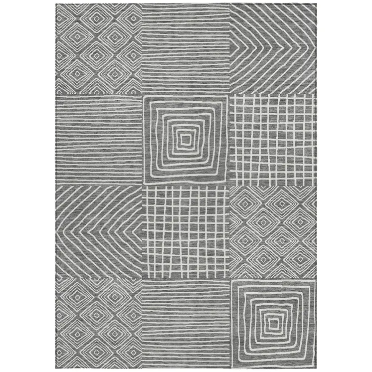 8' X 10' Charcoal And Ivory Geometric Washable Indoor Outdoor Area Rug