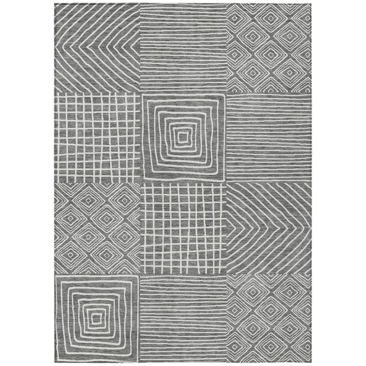 9' X 12' Charcoal And Ivory Geometric Washable Indoor Outdoor Area Rug