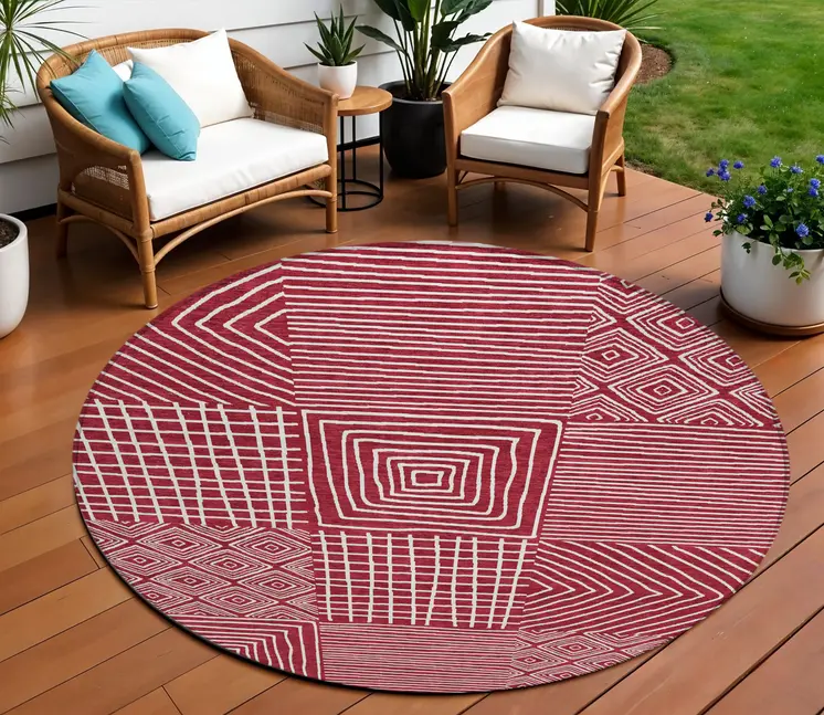 8' Red And Ivory Round Geometric Washable Indoor Outdoor Area Rug