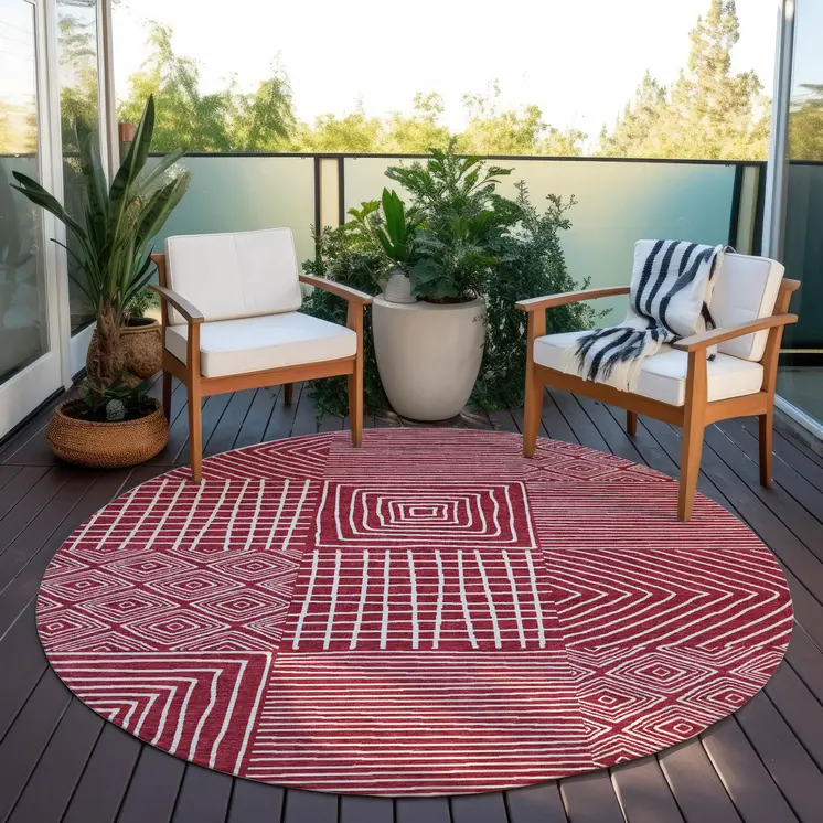 8' Red And Ivory Round Geometric Washable Indoor Outdoor Area Rug