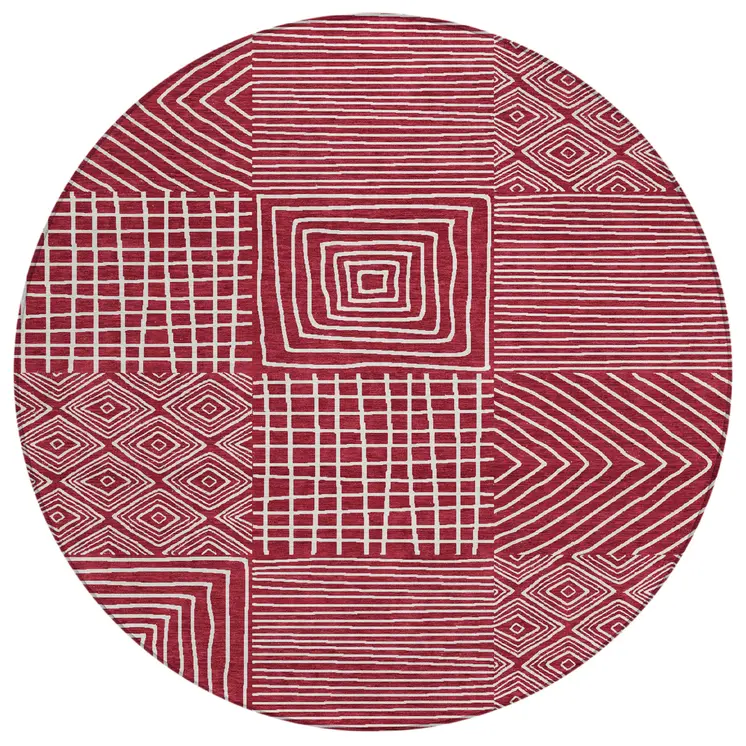 8' Red And Ivory Round Geometric Washable Indoor Outdoor Area Rug