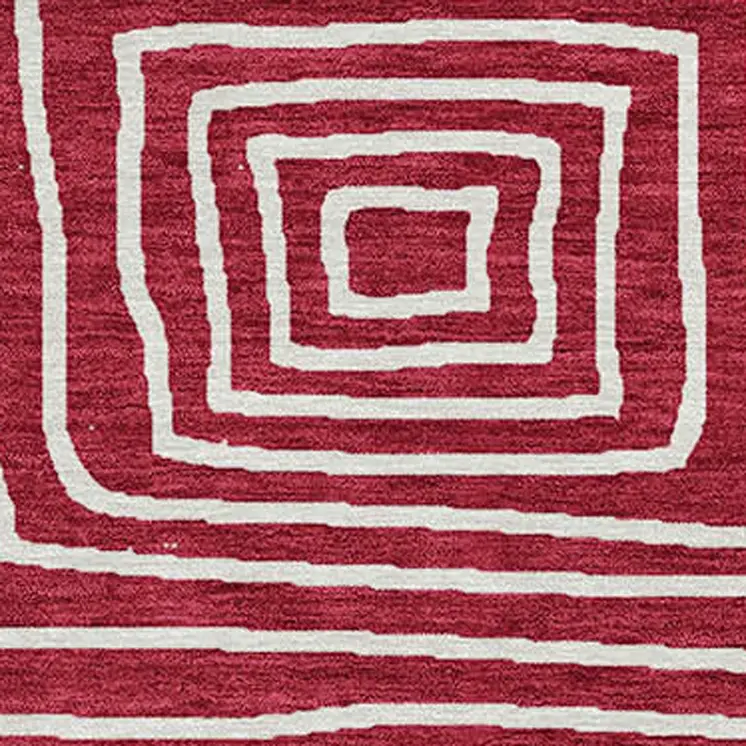 8' Red And Ivory Round Geometric Washable Indoor Outdoor Area Rug