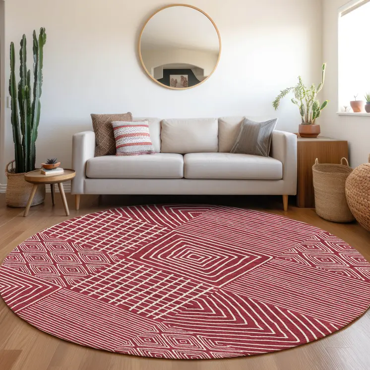 8' Red And Ivory Round Geometric Washable Indoor Outdoor Area Rug