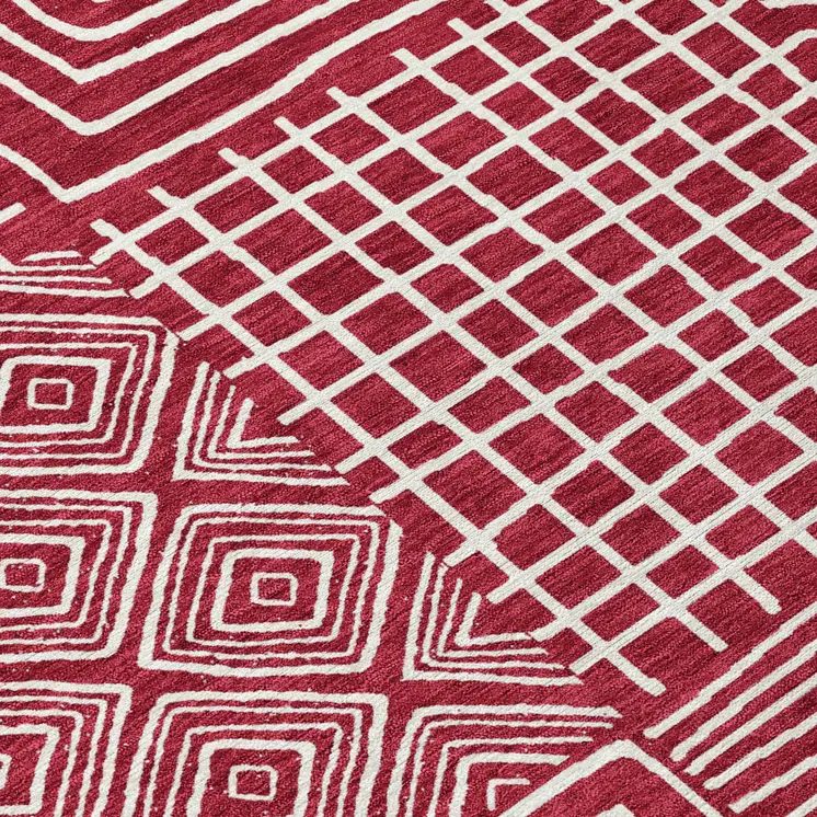 8' X 10' Red And Ivory Geometric Washable Indoor Outdoor Area Rug