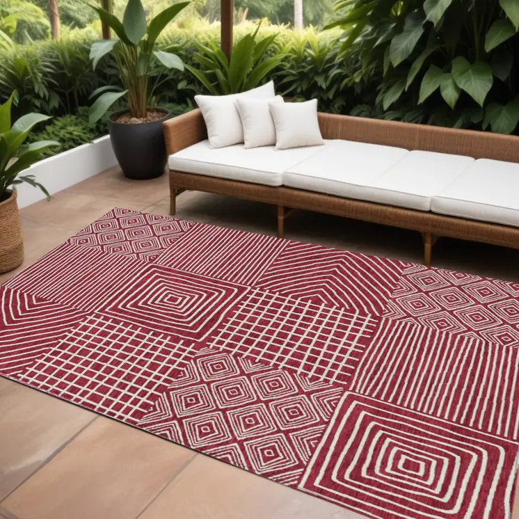 9' X 12' Red And Ivory Geometric Washable Indoor Outdoor Area Rug