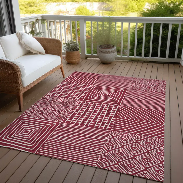 9' X 12' Red And Ivory Geometric Washable Indoor Outdoor Area Rug