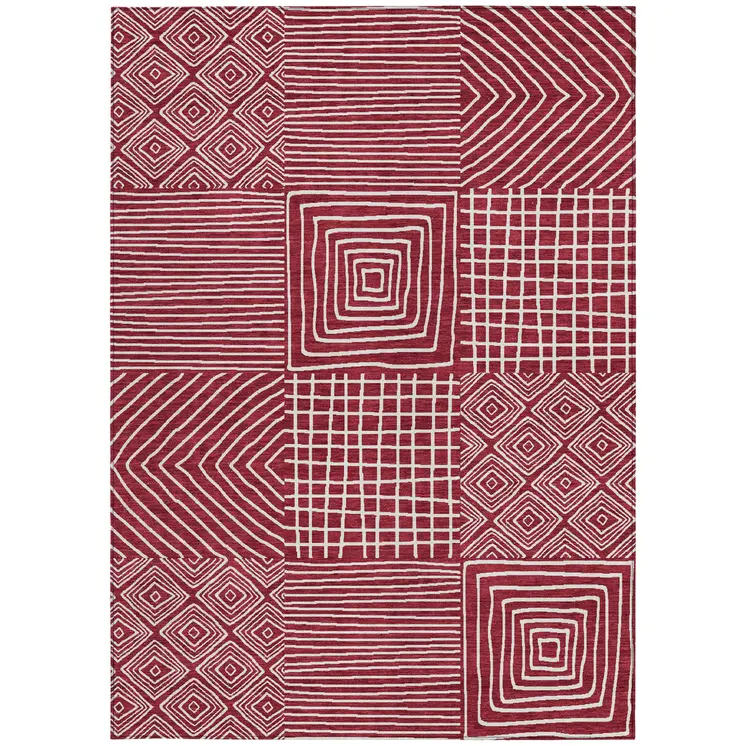 10' X 14' Red And Ivory Geometric Washable Indoor Outdoor Area Rug