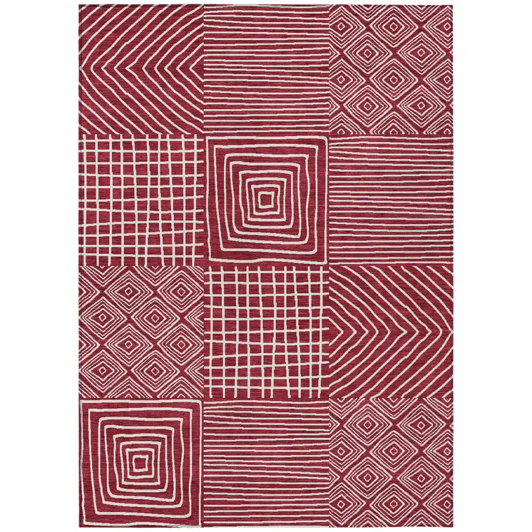 10' X 14' Red And Ivory Geometric Washable Indoor Outdoor Area Rug