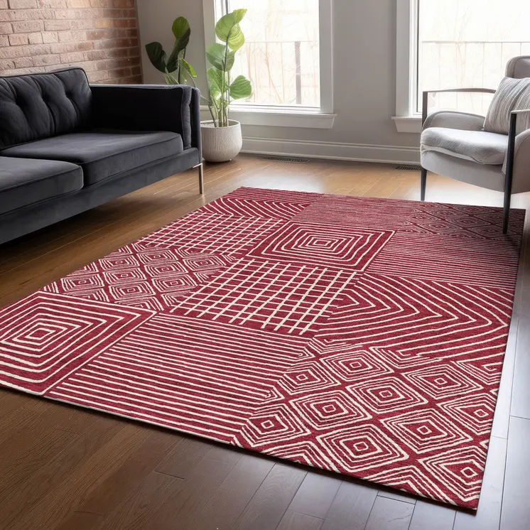 10' X 14' Red And Ivory Geometric Washable Indoor Outdoor Area Rug