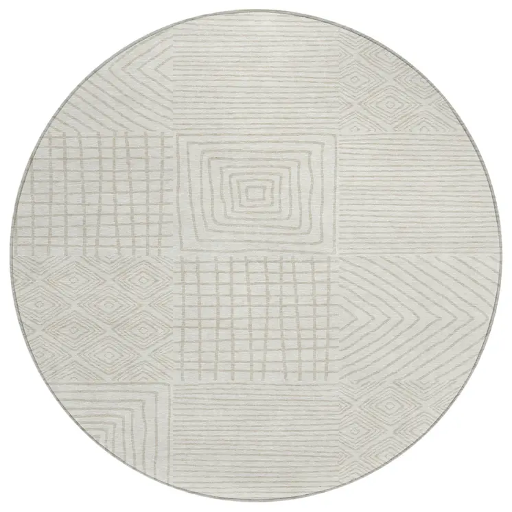 8' Ivory And Beige Round Geometric Washable Indoor Outdoor Area Rug