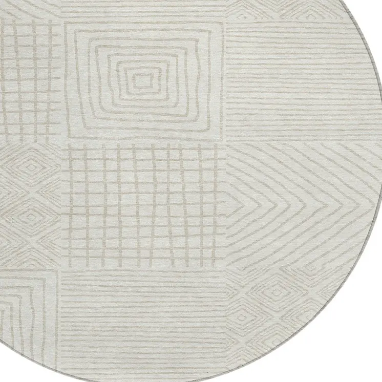 8' Ivory And Beige Round Geometric Washable Indoor Outdoor Area Rug