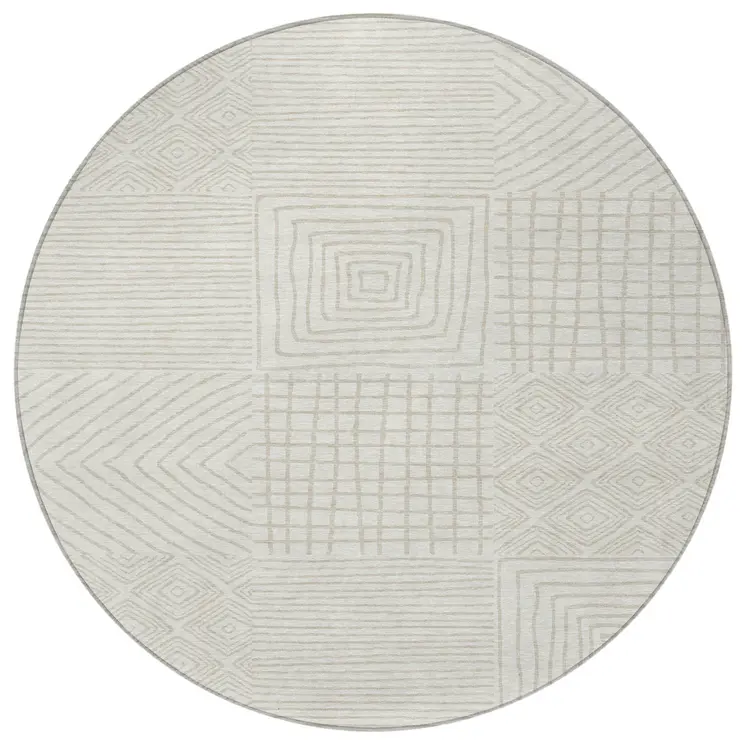 8' Ivory And Beige Round Geometric Washable Indoor Outdoor Area Rug