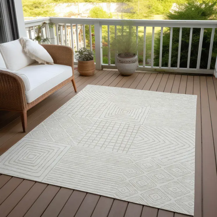 8' X 10' Ivory And Beige Geometric Washable Indoor Outdoor Area Rug