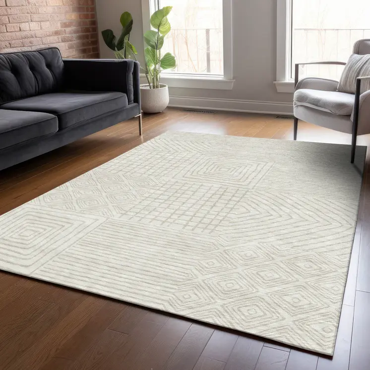 8' X 10' Ivory And Beige Geometric Washable Indoor Outdoor Area Rug