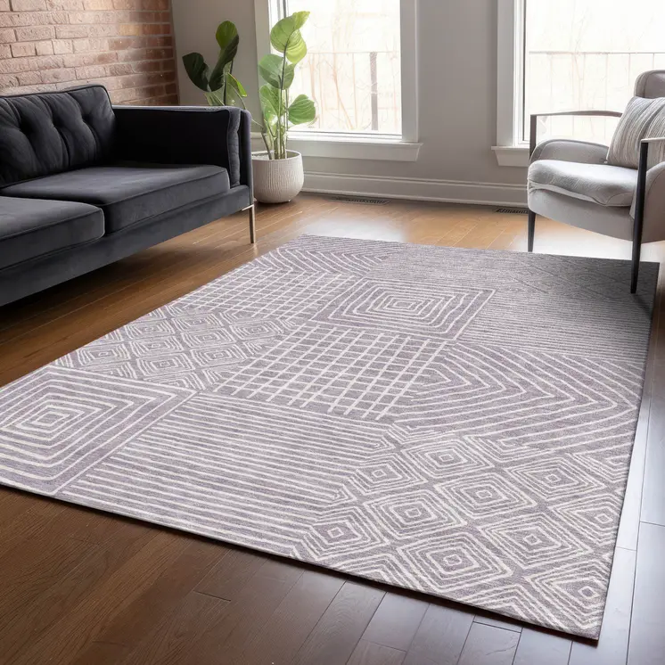 8' X 10' Lavender And Ivory Geometric Washable Indoor Outdoor Area Rug
