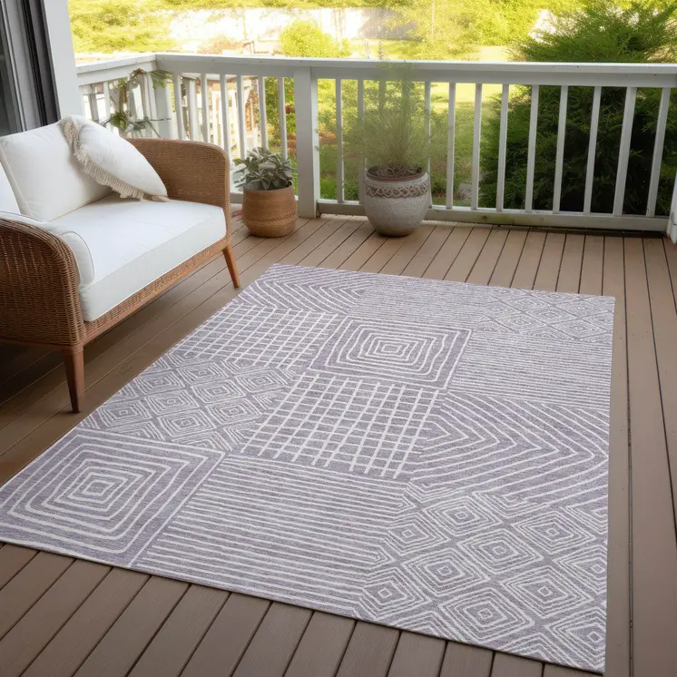 10' X 14' Lavender And Ivory Geometric Washable Indoor Outdoor Area Rug
