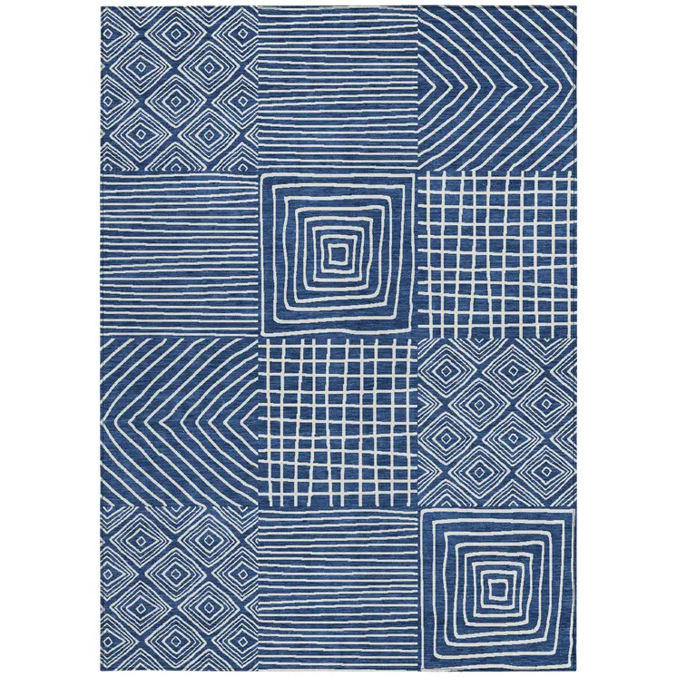 10' X 14' Navy Blue And Ivory Geometric Washable Indoor Outdoor Area Rug