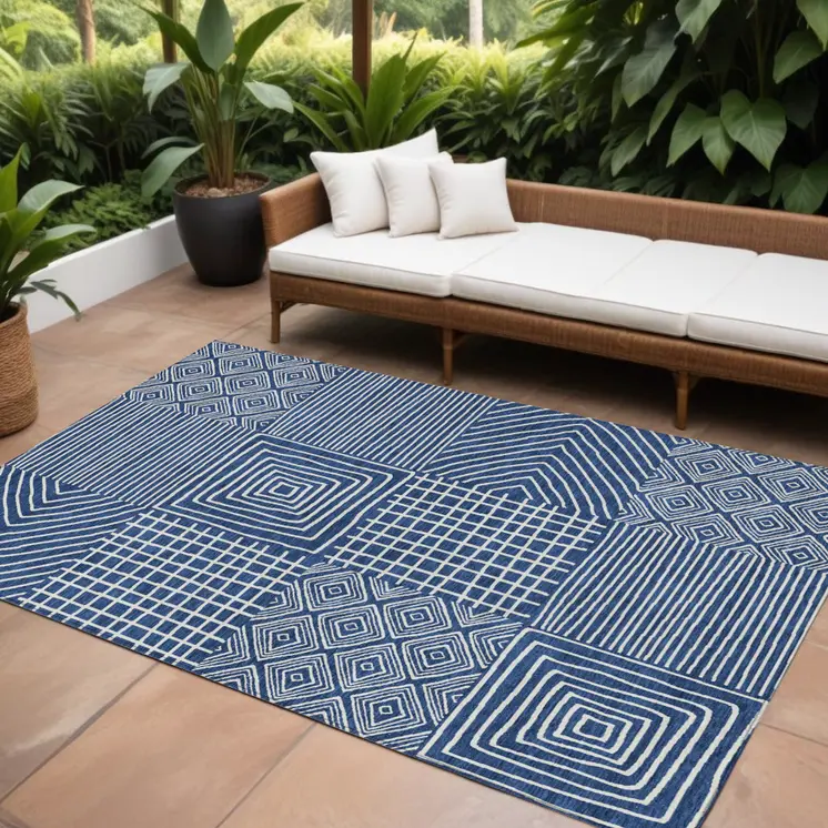 10' X 14' Navy Blue And Ivory Geometric Washable Indoor Outdoor Area Rug