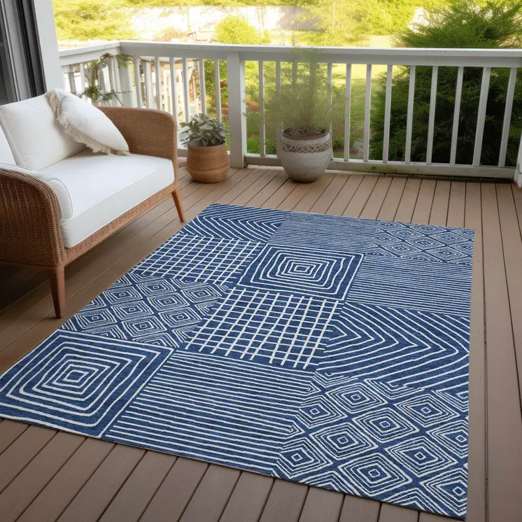 10' X 14' Navy Blue And Ivory Geometric Washable Indoor Outdoor Area Rug