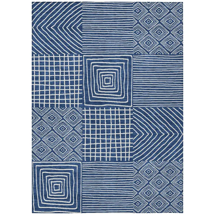 10' X 14' Navy Blue And Ivory Geometric Washable Indoor Outdoor Area Rug