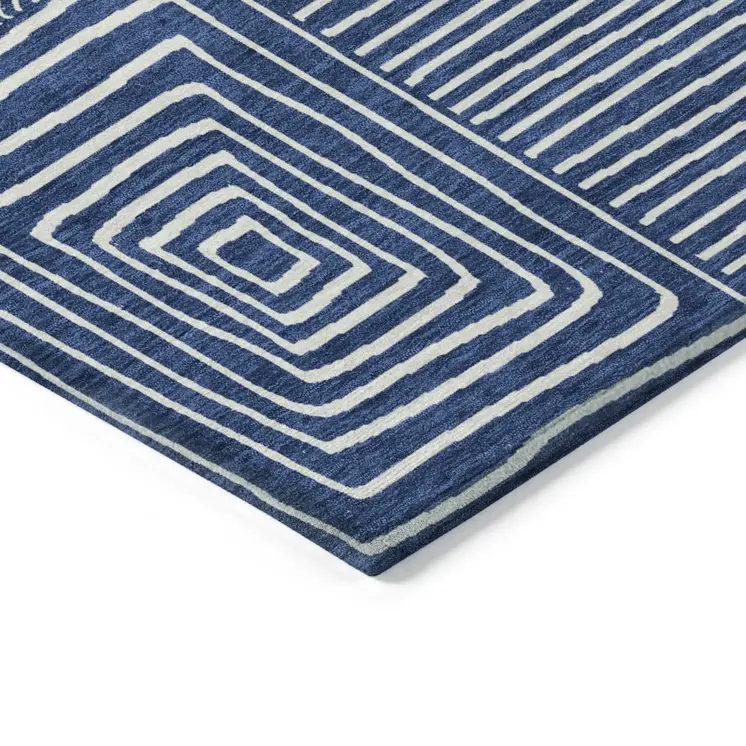 10' X 14' Navy Blue And Ivory Geometric Washable Indoor Outdoor Area Rug