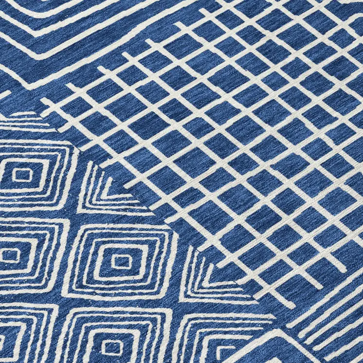10' X 14' Navy Blue And Ivory Geometric Washable Indoor Outdoor Area Rug