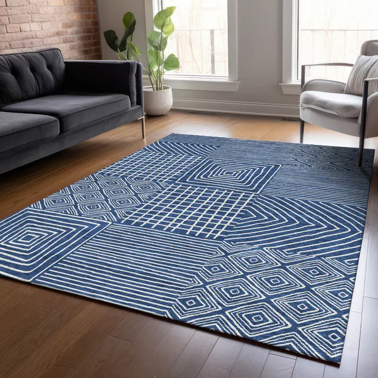 10' X 14' Navy Blue And Ivory Geometric Washable Indoor Outdoor Area Rug