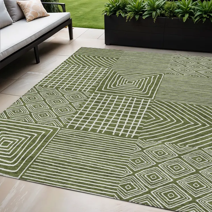 5' X 8' Olive Green And Ivory Geometric Washable Indoor Outdoor Area Rug