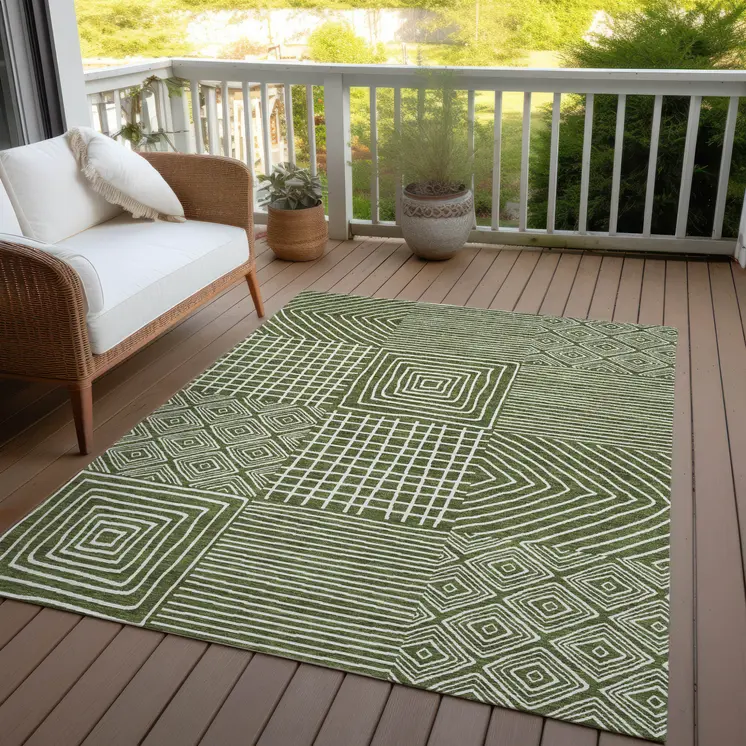 5' X 8' Olive Green And Ivory Geometric Washable Indoor Outdoor Area Rug