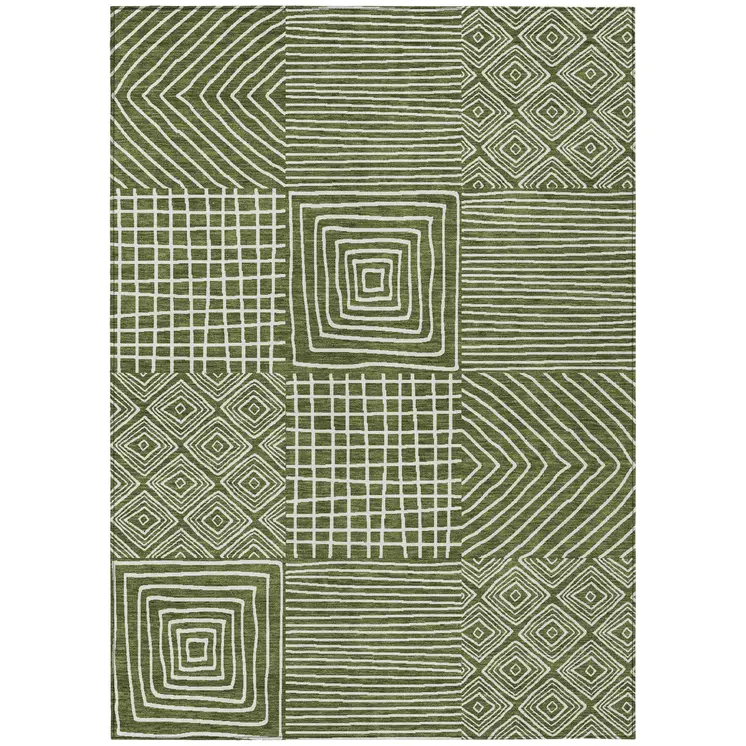 5' X 8' Olive Green And Ivory Geometric Washable Indoor Outdoor Area Rug