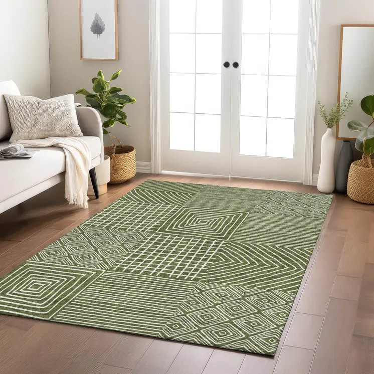 5' X 8' Olive Green And Ivory Geometric Washable Indoor Outdoor Area Rug