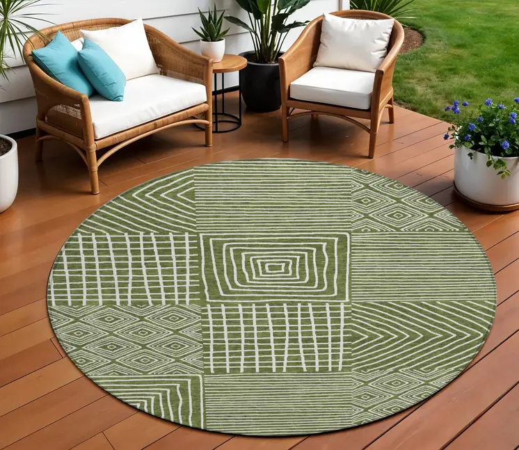8' Olive Green And Ivory Round Geometric Washable Indoor Outdoor Area Rug