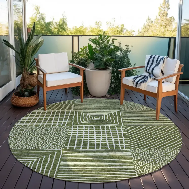 8' Olive Green And Ivory Round Geometric Washable Indoor Outdoor Area Rug