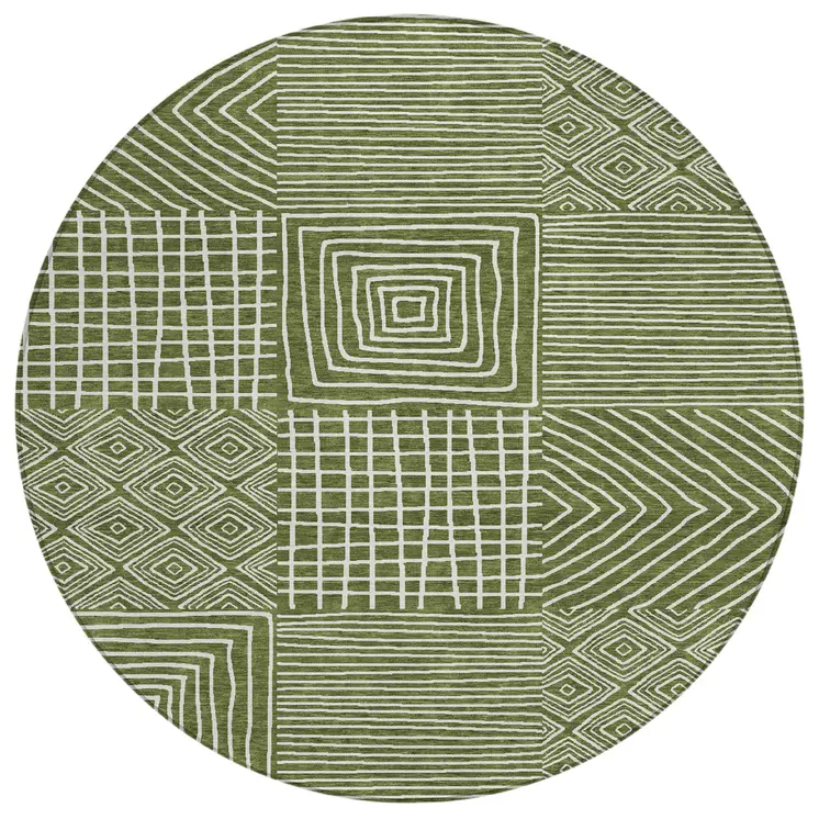 8' Olive Green And Ivory Round Geometric Washable Indoor Outdoor Area Rug