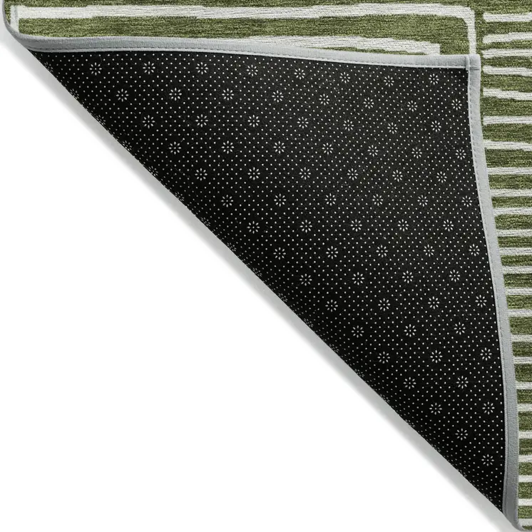 8' Olive Green And Ivory Round Geometric Washable Indoor Outdoor Area Rug